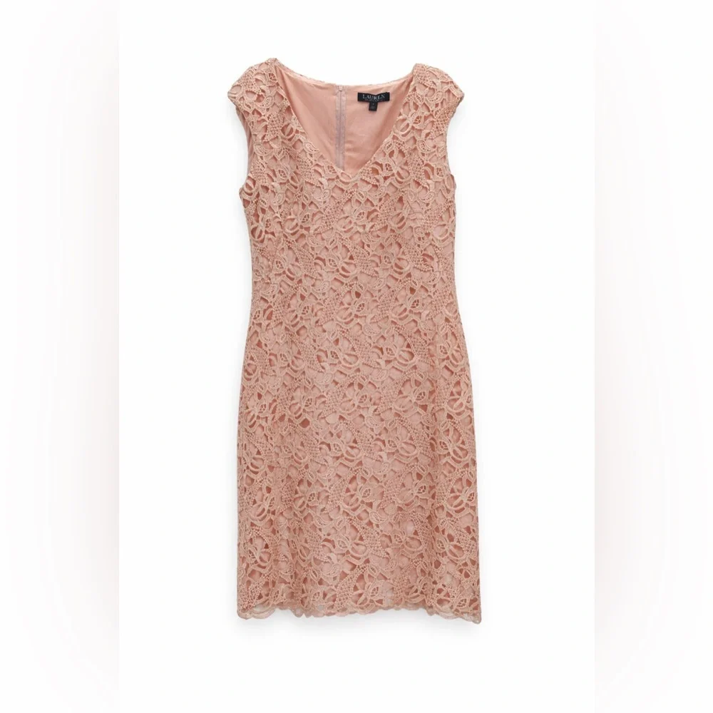 Lauren Ralph Lauren Blush Pink Lace Sheath V-Neck Sleeveless Cocktail Dress SZ 8 - Picture 2 of 15